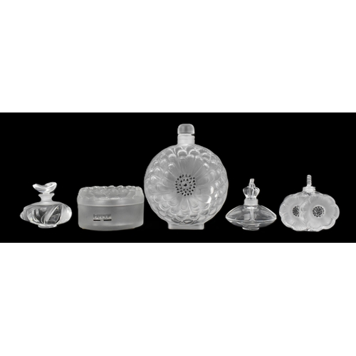 140 - A collection of Lalique glass to include a 'Dahlia' pattern large scent bottle 18cm high x 14cm wide... 