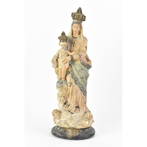 177 - An early/mid 20th century polychrome-painted plaster figure, depicting the Madonna and Child, both w... 