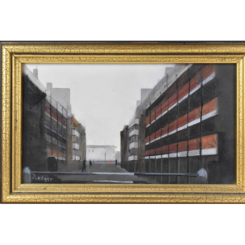 40 - Janet Ledger (British, b.1931) An oil on board entitled 'Flats at Poplar', signed to the lower left ... 