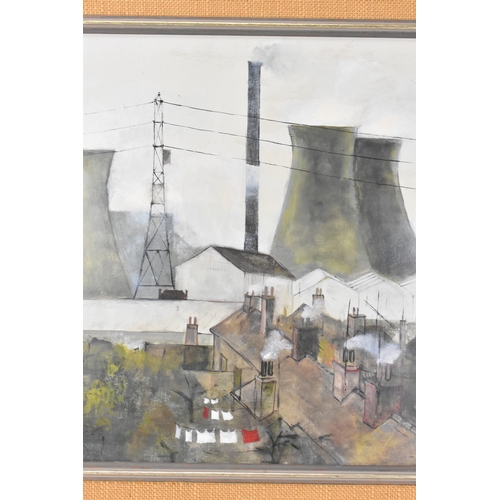 41 - Janet Ledger (British, b.1931) An oil on board depicting an industrial scene, signed to the lower le... 
