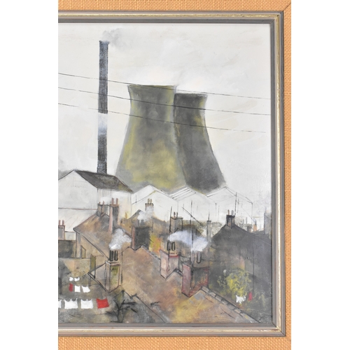 41 - Janet Ledger (British, b.1931) An oil on board depicting an industrial scene, signed to the lower le... 