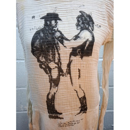1 - A 1970's Seditionaries style muslin bondage top, cut in white muslin, depicting 2 cowboys to the fro... 