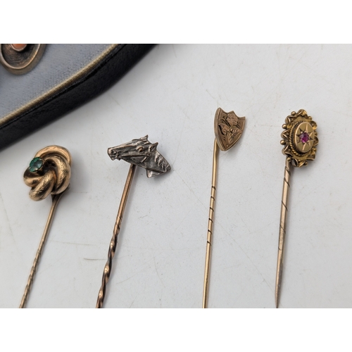 1 - Mixed jewellery to include a 9ct gold stick pin decorated with a flower on a yellow metal pin 0.6g, ... 