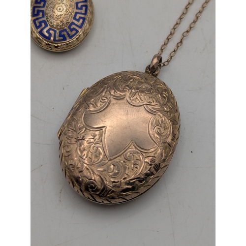 Three lockets to include a blue enamel and gold plated mourning example ...