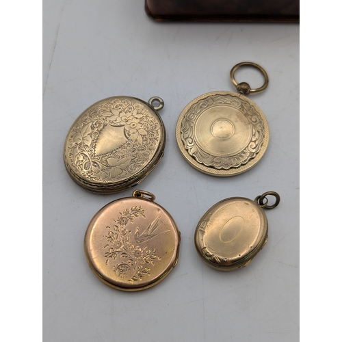 19 - Four picture lockets to include a 9ct rose gold front and back example with engraved decoration depi... 