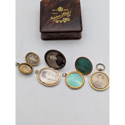 19 - Four picture lockets to include a 9ct rose gold front and back example with engraved decoration depi... 