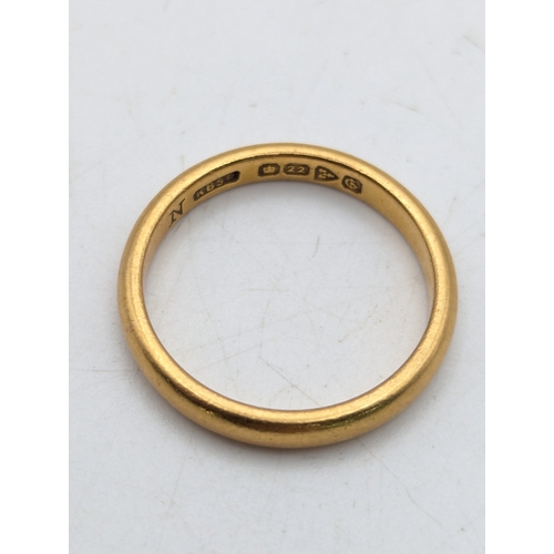 46 - A 22ct yellow gold wedding band stamped 22 with British hallmarks, size N, 4.2g
Location: R1
If ther... 
