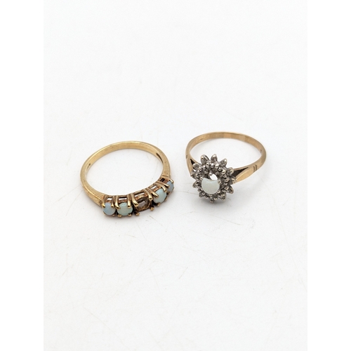 47 - Two 9ct yellow gold rings to include a diamond and opal cluster ring and the other set with opals, b... 
