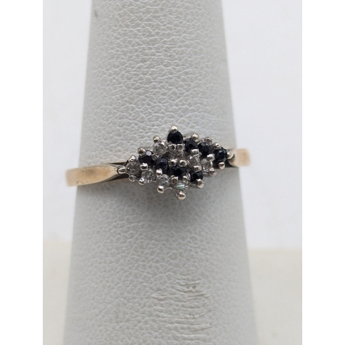 59 - Two 9ct yellow gold cluster rings one set with sapphires and diamonds, size P, the other size L, tot... 