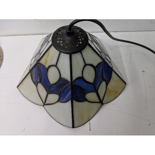 2 - A Tiffany style coloured glass ceiling hanging light together with a pair of Christopher Wray wall l... 