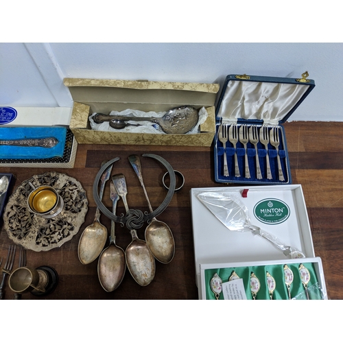 3 - Silver plate and EPNS items to include cake forks, cased set of spoons, assorted cutlery and other i... 