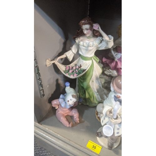 35 - A collection of porcelain figures to include a Lladro clown playing a saxophone, a Royal Doulton Tra... 
