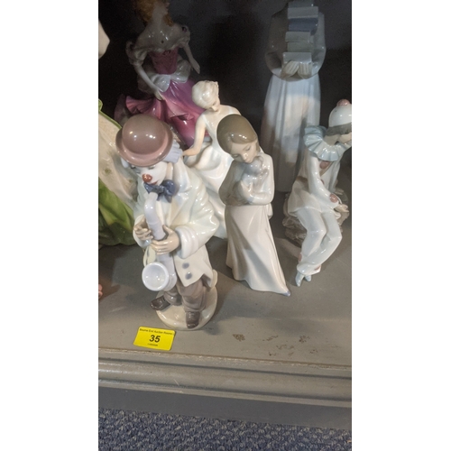 35 - A collection of porcelain figures to include a Lladro clown playing a saxophone, a Royal Doulton Tra... 