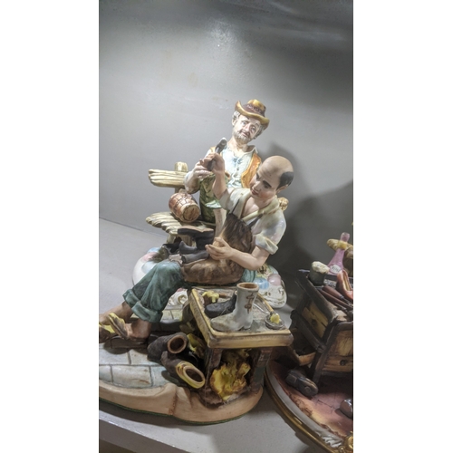 42 - A group of six Capodimonte ceramic figures to include four 'Tramp on a Bench' figures and others
Loc... 