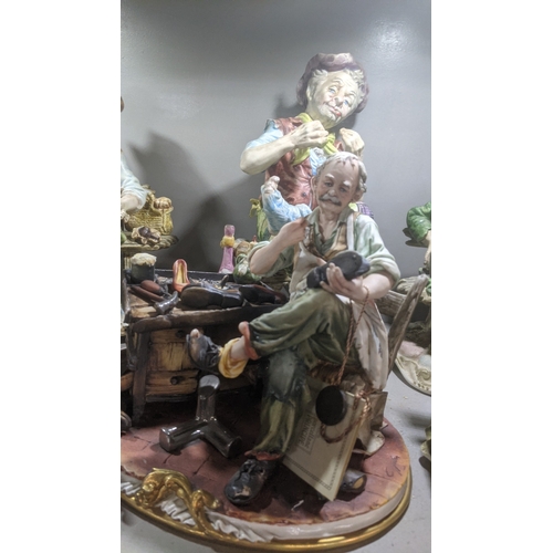 42 - A group of six Capodimonte ceramic figures to include four 'Tramp on a Bench' figures and others
Loc... 