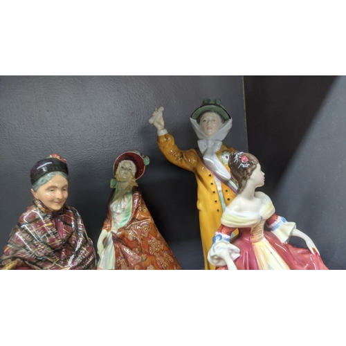 44 - Porcelain figures to include a Royal Doulton The Orange Lady figure, The Paisley Shawl, Votes for Wo... 
