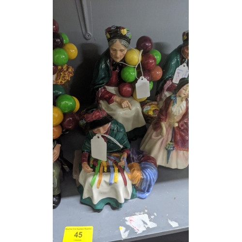 45 - A group of six Royal Doulton porcelain figures to include Balloon Lady, Balloon Man, Sticks and Ribb... 