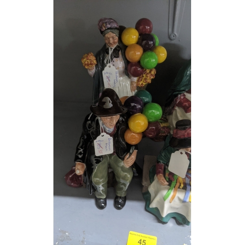 45 - A group of six Royal Doulton porcelain figures to include Balloon Lady, Balloon Man, Sticks and Ribb... 