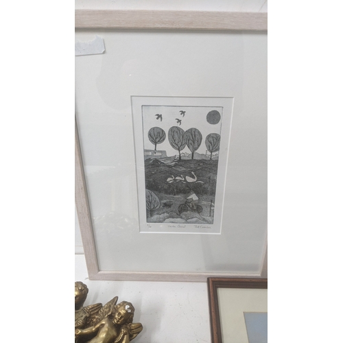 56 - Framed pictures to include a signed limited edition etching by Pat Crombie titled Union Canal, a sig... 