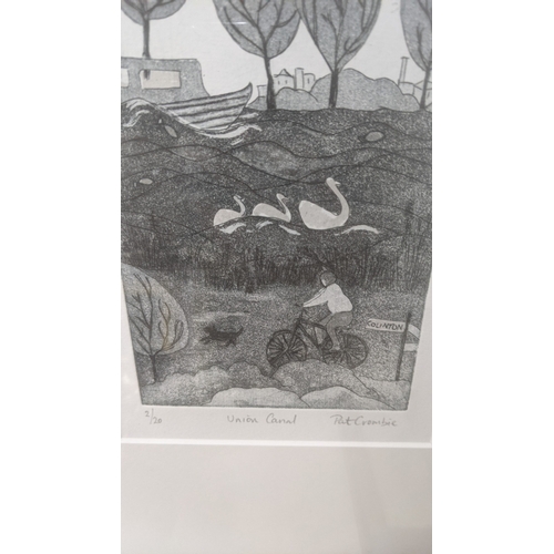56 - Framed pictures to include a signed limited edition etching by Pat Crombie titled Union Canal, a sig... 