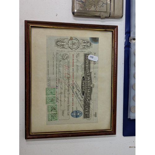6 - Mixed currency and coinage to include a Japanese Government Ten Dollars, a Co-Op Wholesale cheque, s... 