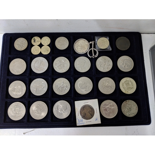 9 - Assorted coins, all British and displayed in coin trays to include pennies, five pence, two shilling... 