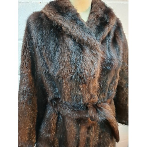 26 - A late 20th Century very dark brown and black striped mink coat with matching belt and brown satin l... 
