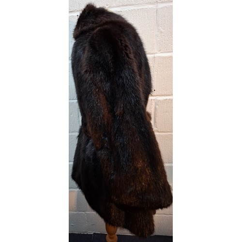 26 - A late 20th Century very dark brown and black striped mink coat with matching belt and brown satin l... 