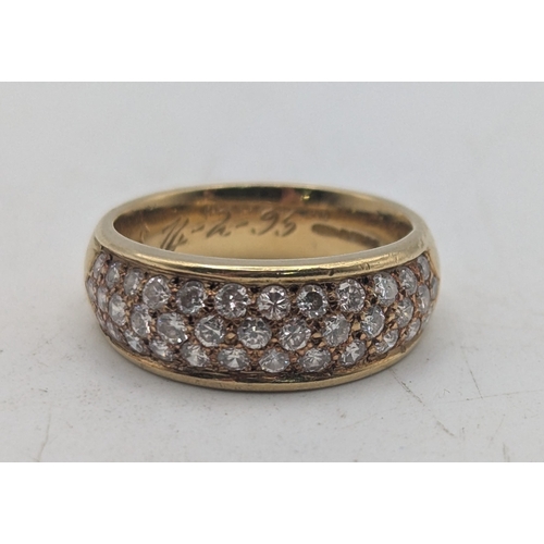An 18ct yellow gold and diamond pave ring set with 37 small diamonds, with British hallmarks on a slightly tapered shank, size K, 6g
Location:C8
If there is no condition report shown, please request