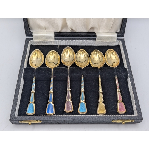 14 - A set of six silver gilt and enamel teaspoons hallmarked Birmingham 1956 by Turner and Simpson, tota... 