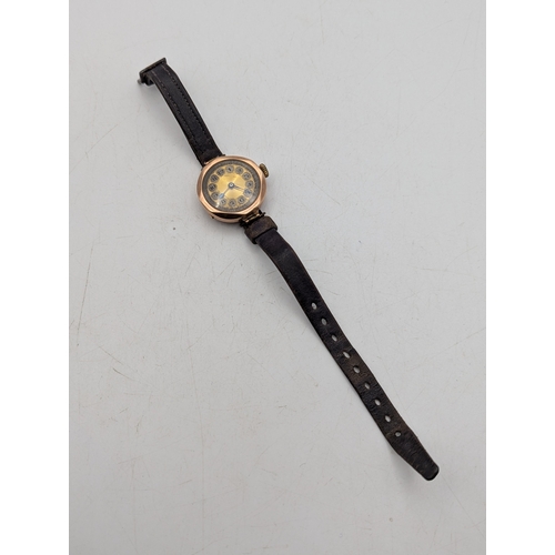 28 - A 9ct rose gold cased Art Deco ladies wrist watch on a brown leather strap, total weight 17.9g
Locat... 