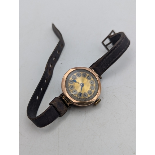 28 - A 9ct rose gold cased Art Deco ladies wrist watch on a brown leather strap, total weight 17.9g
Locat... 