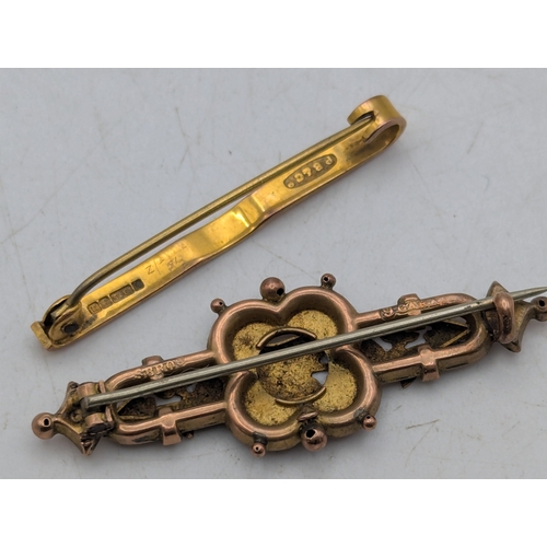 33 - Two 9ct gold brooches comprising of a Victorian example with rose gold heart and ivy decoration alon... 