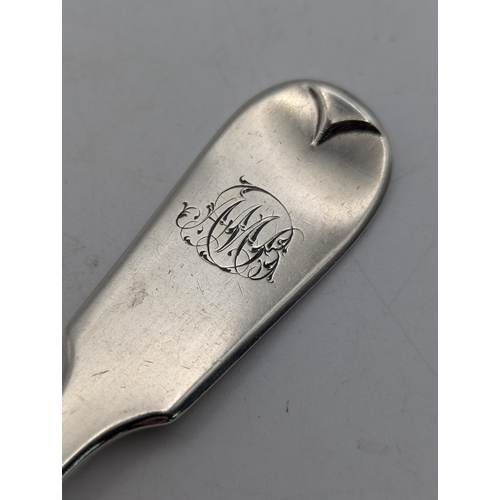 46 - A Victorian silver fiddle pattern fork with engraved initials to the terminal, hallmarked London 186... 