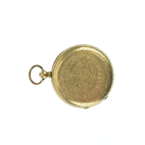 14 - A Victorian 18ct gold full hunter fob watch, the case engraved with a vacant cartouche surrounded by... 