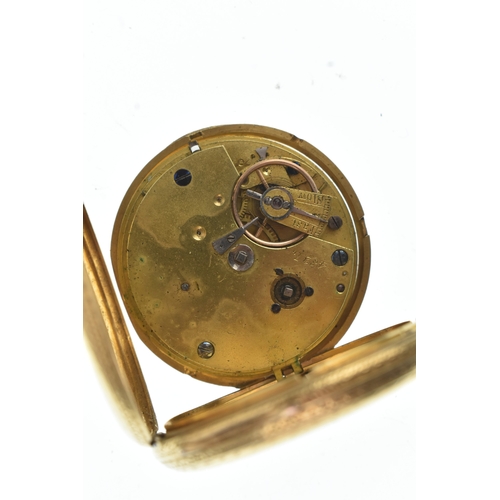 14 - A Victorian 18ct gold full hunter fob watch, the case engraved with a vacant cartouche surrounded by... 