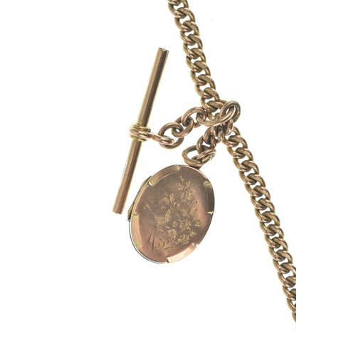 15 - A late 19th/early 20th 9ct gold Albert pocket watch chain, having a 9ct gold T-bar, two 9ct gold dog... 
