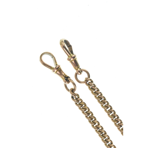 15 - A late 19th/early 20th 9ct gold Albert pocket watch chain, having a 9ct gold T-bar, two 9ct gold dog... 