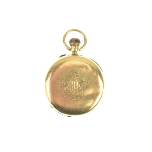 2 - An early 20th century 18ct gold ladies half hunter fob watch, the case engraved with initials within... 