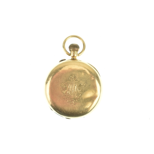 2 - An early 20th century 18ct gold ladies half hunter fob watch, the case engraved with initials within... 