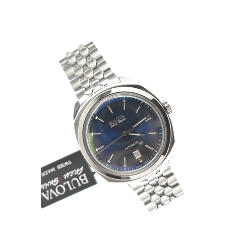 39 - A Bulova Accu-Swiss Automatic, gents stainless steel wristwatch, the blue sunburst dial with applied... 