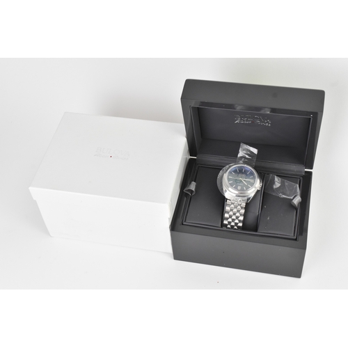 39 - A Bulova Accu-Swiss Automatic, gents stainless steel wristwatch, the blue sunburst dial with applied... 