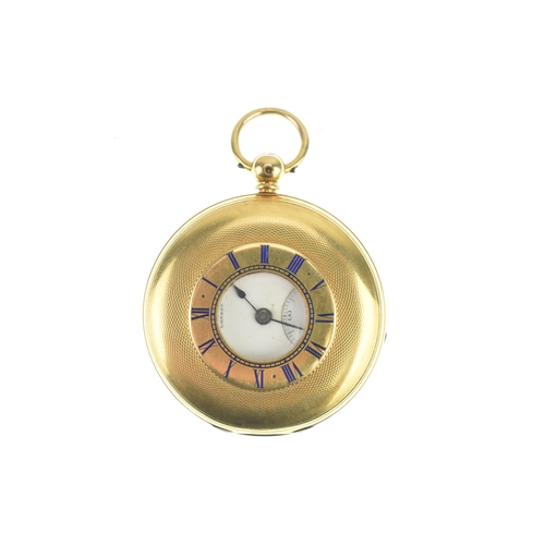 A late 19th century 18ct gold half hunter pocket watch, having an engine turned case, the white enamel dial having blued hands, subsidiary seconds dial, the dial and movement signed E.J Thompson London, 45.8mm, 76.7 grams
If there is no condition report shown, please request