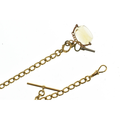 5 - An 18ct gold Albert pocket watch chain, fitted with a T-bar, dog clip clasp, bolt ring clasp, plated... 
