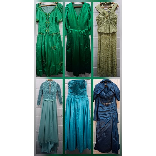 A group of 6 late 20th Century ladies evening gowns, various sizes, to include a Belleville Sassoon green gown and a Nina di Montella teal strapless gown having a white bejewelled waistband with matching bolero jacket and wrap UK8. location:Rail+BWR
If there is no condition report, please request