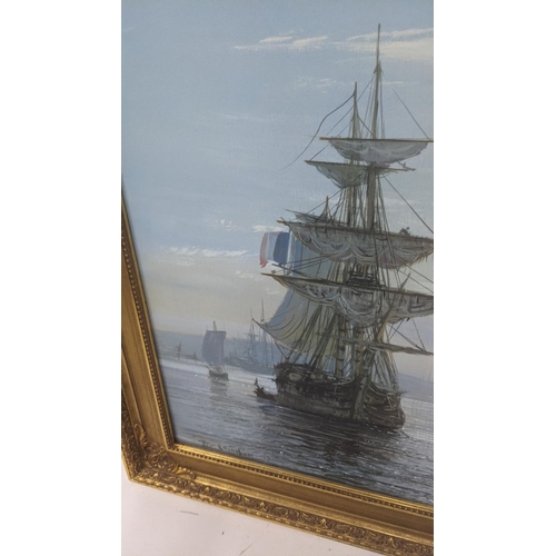 30 - Peter Ellenshaw - print on canvas of a galleon and other ships signed in pen 60 x 90cm framed Locati... 