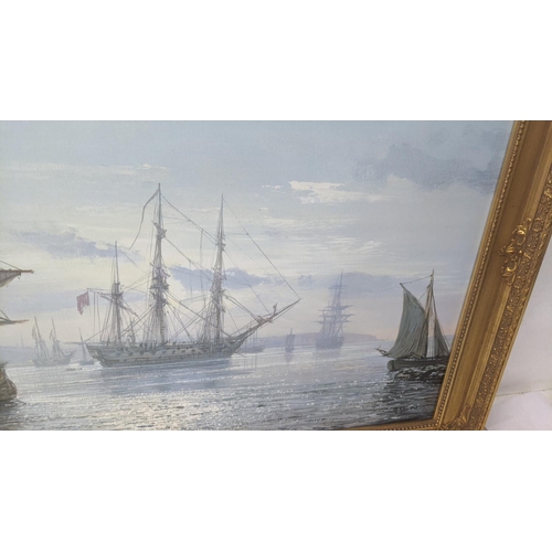 30 - Peter Ellenshaw - print on canvas of a galleon and other ships signed in pen 60 x 90cm framed Locati... 