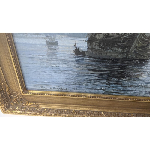 30 - Peter Ellenshaw - print on canvas of a galleon and other ships signed in pen 60 x 90cm framed Locati... 