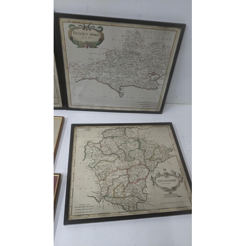 49 - Framed and glazed pictures to include four reproduction historic maps of Berkshire, Hampshire, Dorse... 