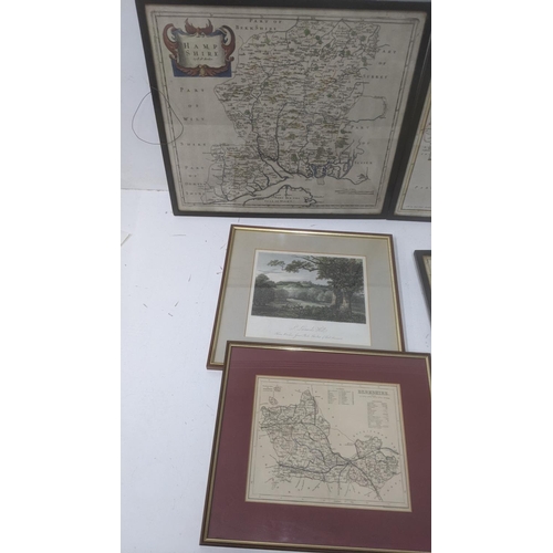 49 - Framed and glazed pictures to include four reproduction historic maps of Berkshire, Hampshire, Dorse... 